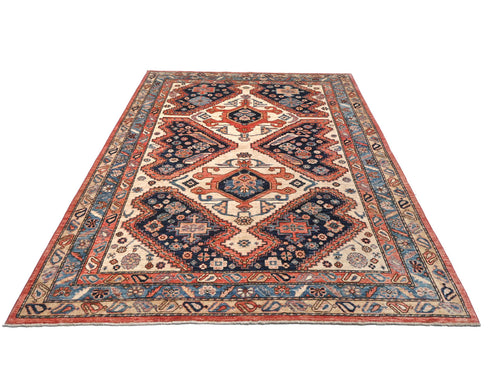 6x9 Beige Blue Aryana Afghan Hand Knotted Veg Dye Wool Area Rug